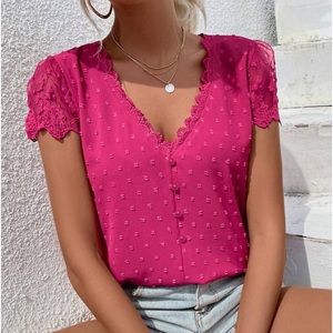 Classic Elegant Swiss Dot Sheer Mesh Lace Embroidered Sleeve Top Blouse Hot Pink